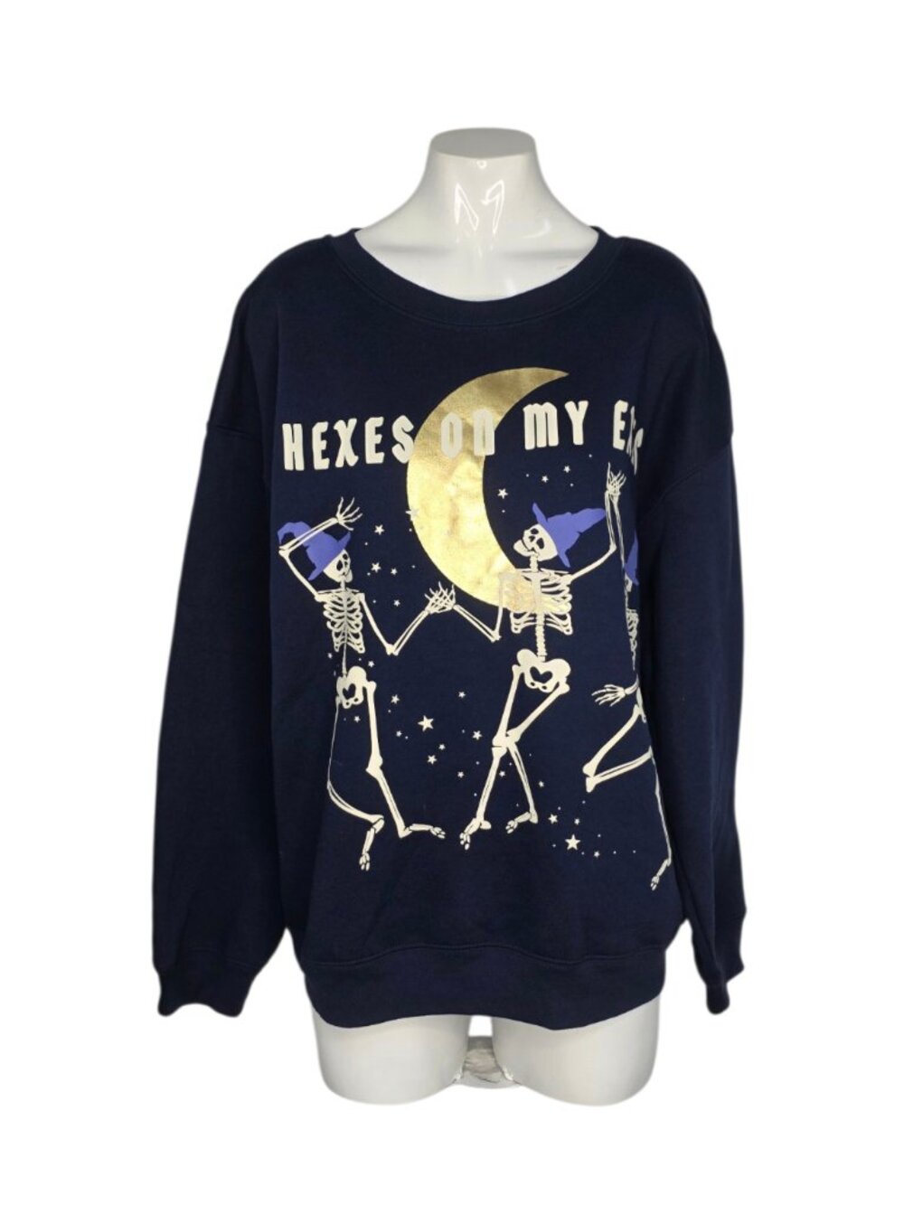 Wound Up Halloween Sweater, Hexes On My Exes, Spooky, Size Large, Blue, Pullover